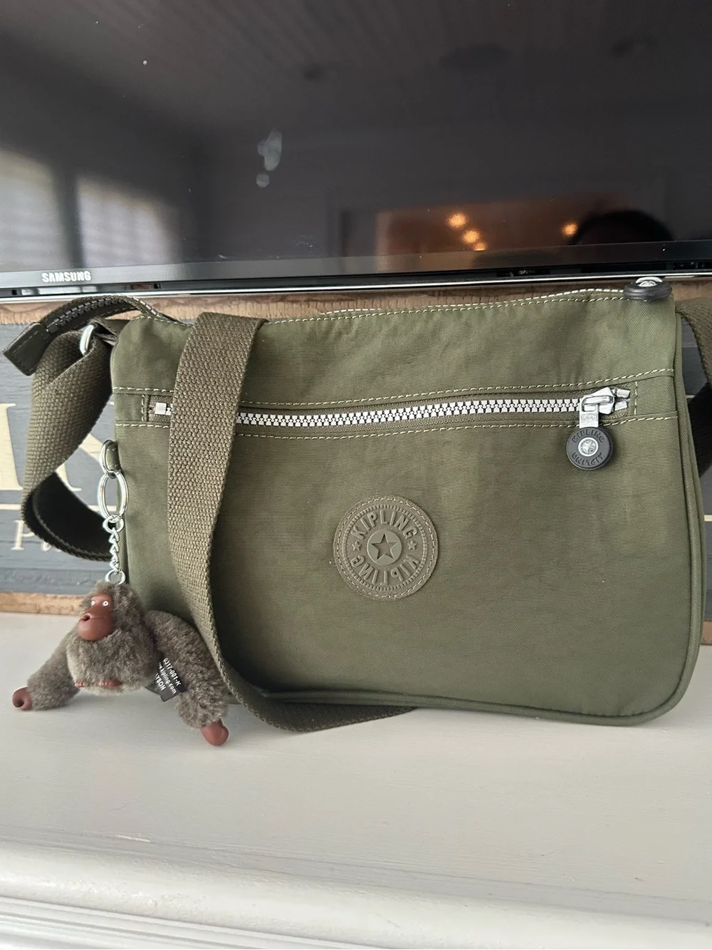 Kipling Green Moss Crossbody Shoulder Bag with Signature Fur Monkey Keychain
